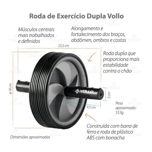 Roda de Exercício Abdominal Dupla Vollo - Cinza