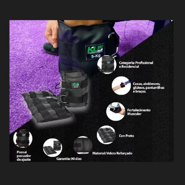 Par Caneleira Tornozeleira 6Kg Lona Ajuste Pro KL Master Fitness - Preto/Preto