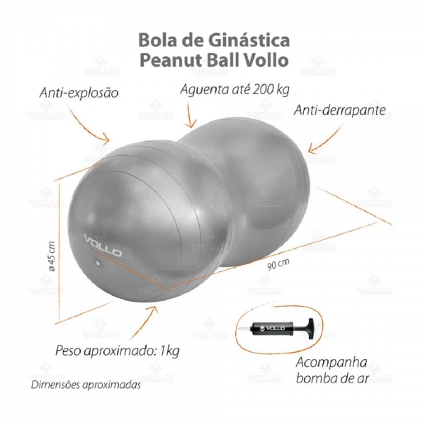 Bola Feijão para Ginástica Peanut Ball 45CM VOLLO - Cinza
