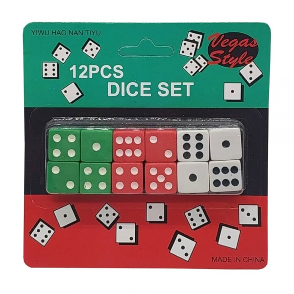 Conjunto de Mini Dados Coloridos com 12 Unidades Vegas Style - Branco/Verde/Vermelho
