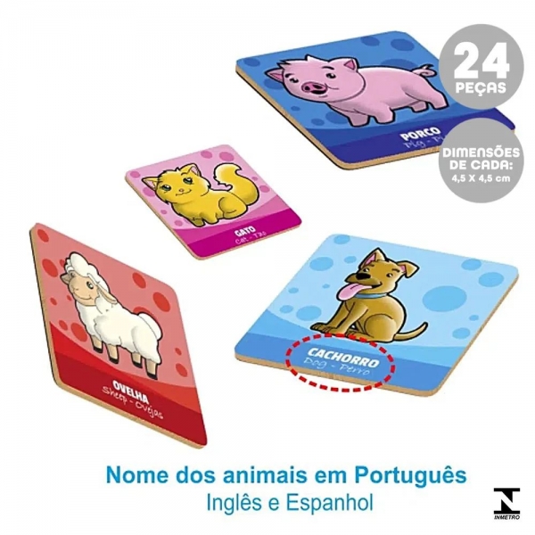 Jogo da Memória Animais 24 Peças de Madeira Xalingo - Azul