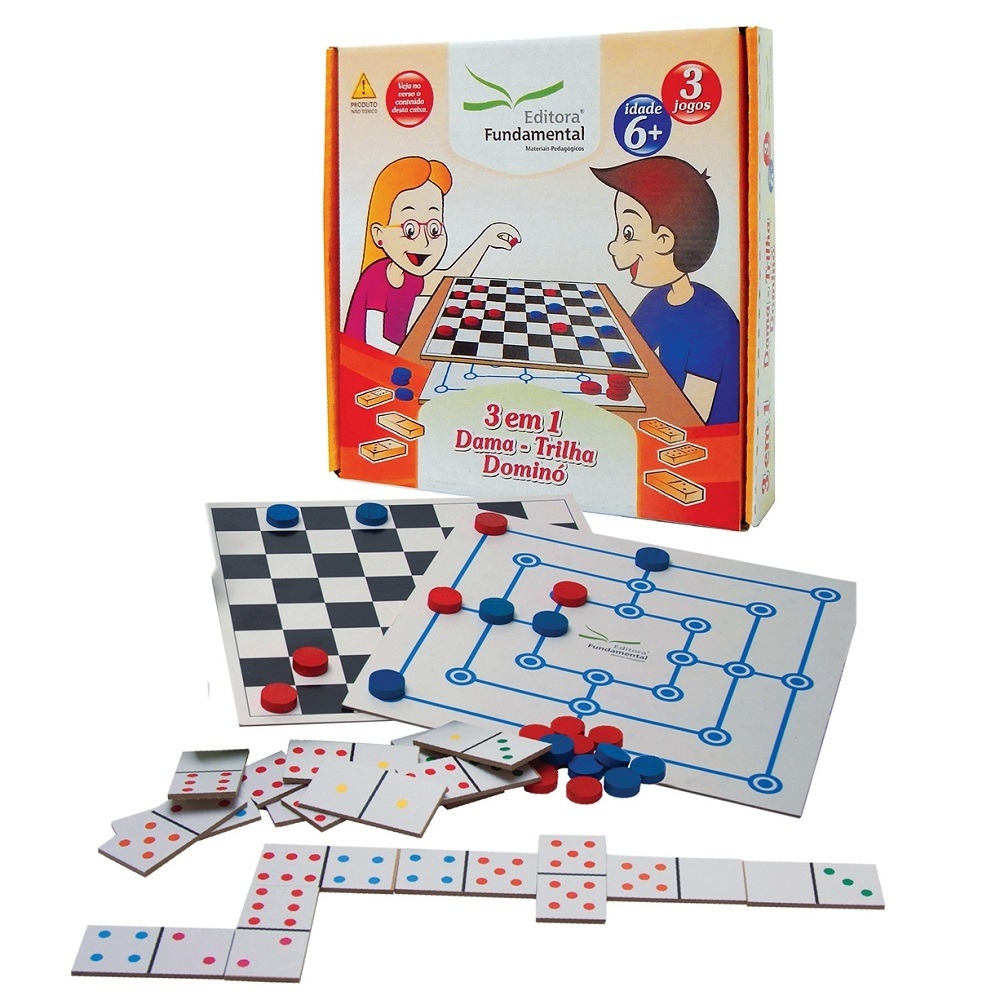 Jogo 3 em 1 Fundamental Brinquedos (Dama, Trilha e Dominó) - Branco/Preto
