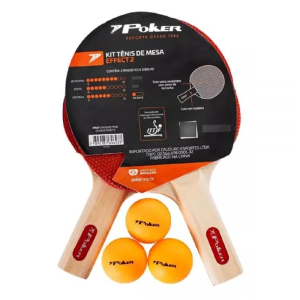 Kit Tênis de Mesa Effect II 2 Raquetes e 3 Bolas - Poker - Preto