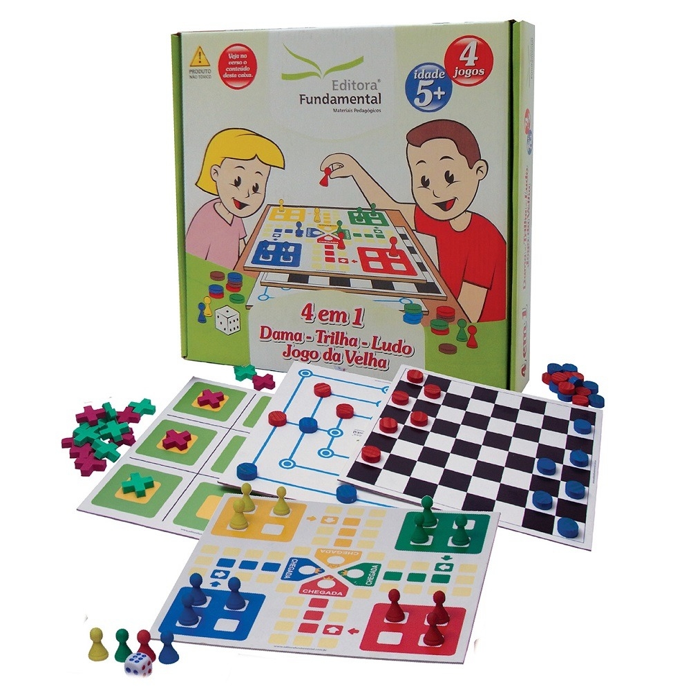 Jogo 4 em 1 Fundamental Brinquedos (Dama, Trilha, Ludo e Jogo da Velha) - Branco/Preto
