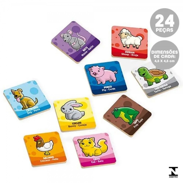 Jogo da Memória Animais 24 Peças de Madeira Xalingo - Azul