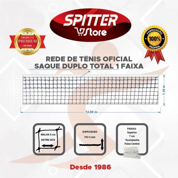 Rede de Tênis Oficial Fio 2,0 PE Nylon Saque Duplo 1 Faixa - Spitter - Preto