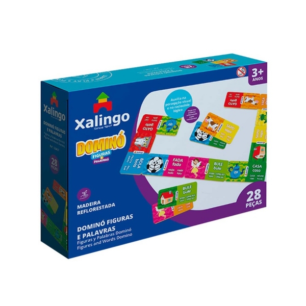 Jogo de Dominó - Madeira - Figuras e Palavras - 28 Peças - Xalingo - Azul