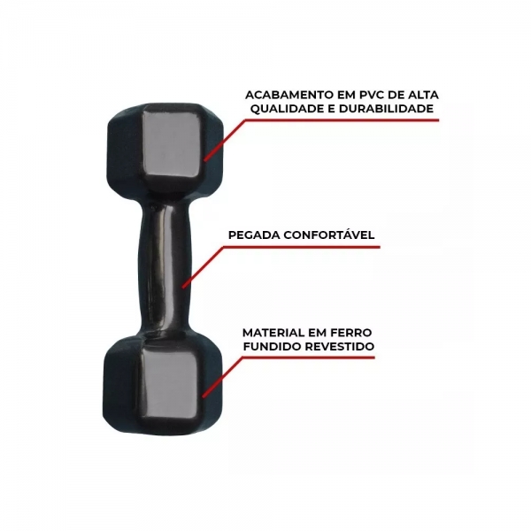 Par de Halter Sextavado Emborrachado 8kg - Preto - Preto