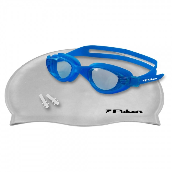 Kit de Natação Adulto Poker Navagio com Touca, Óculos e Protetor de Ouvido - Azul/Cinza