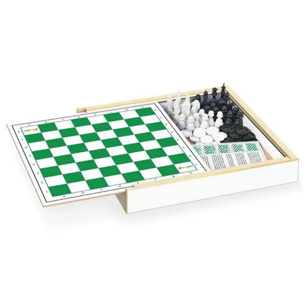 Jogo 3 em 1 Xadrez Damas Trilha com Estojo Junges - Verde/Branco