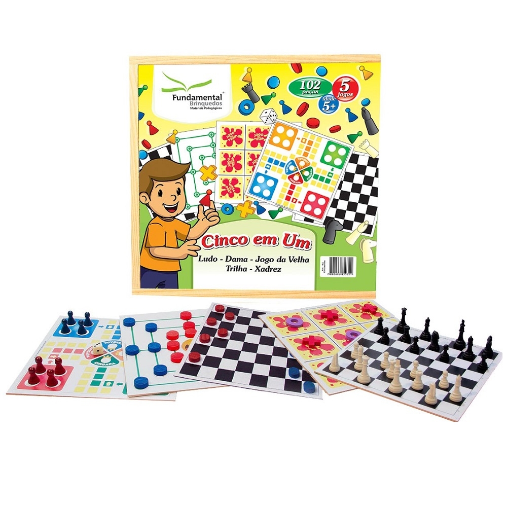 Jogo 5 em 1 Fundamental Brinquedos (Dama, Trilha, Ludo, Jogo da Velha e Dominó) - Branco/Preto