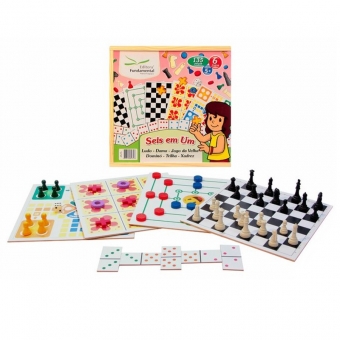 Jogo 6 em 1 Fundamental Brinquedos (Dama, Trilha, Ludo, Jogo da Velha, Dominó e Xadrez)
