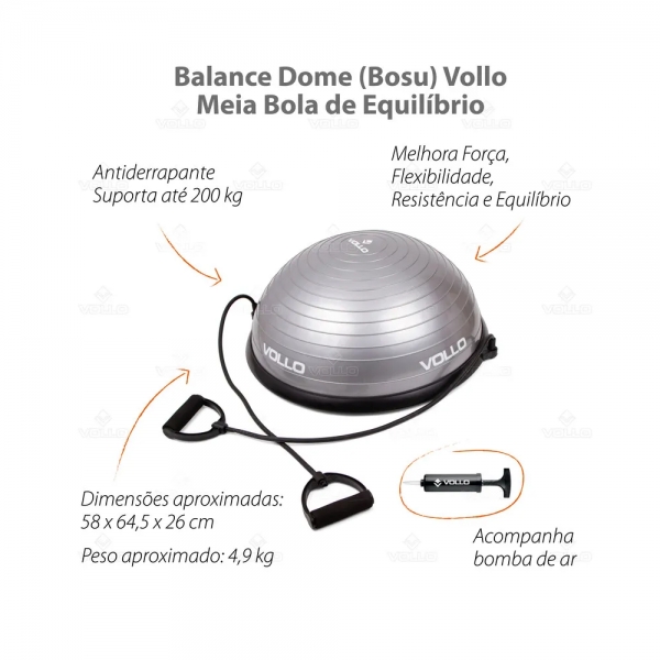 Meia Bola Balance Dome Com Bomba Vollo - Cinza/Preto
