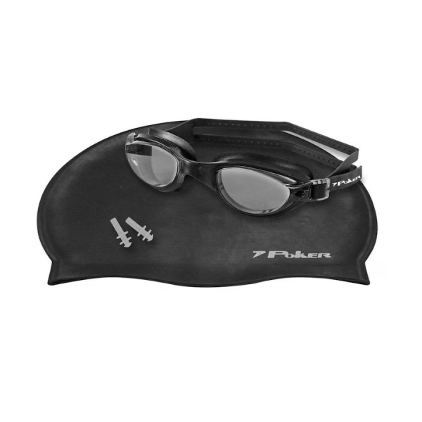 Kit de Natação Adulto Poker Navagio com Touca, Óculos e Protetor de Ouvido - Preto/Preto