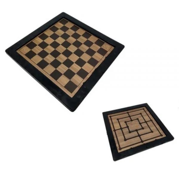 Jogo 2 em 1 Dama e Trilha Pequeno em Madeira - FKR - Preto/Marrom