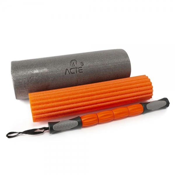 Rolo 3x1 Acte Sports T115, Rolo de Massagem, Rolo com Ranhuras e Bastão de Massagem - Cinza
