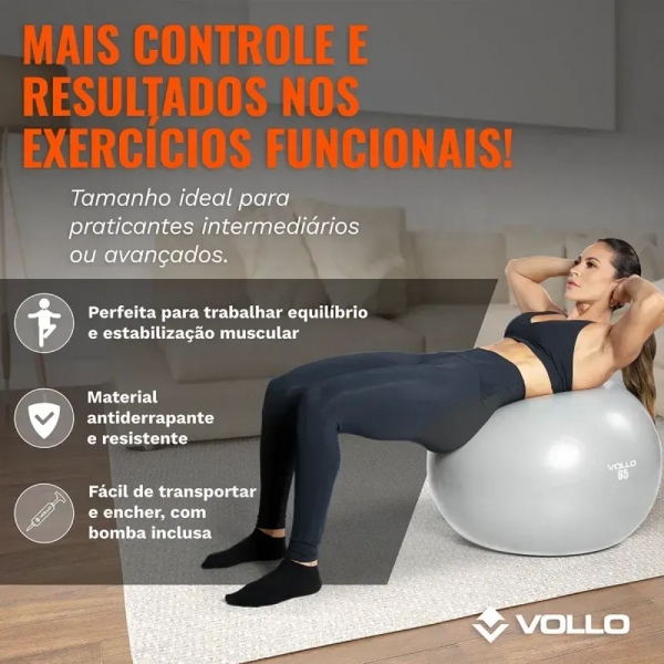 Bola Suíça para Pilates e Yoga Vollo Gym Ball 65cm VP1035 - Cinza