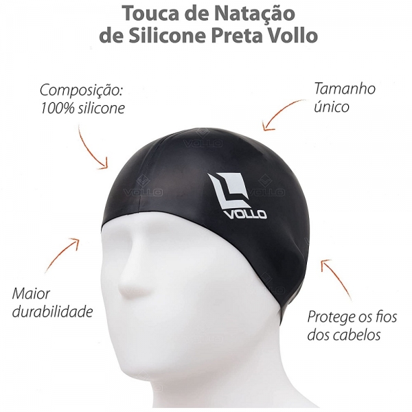 Touca Natação Silicone Vollo Sports Preta - Preto/Branco