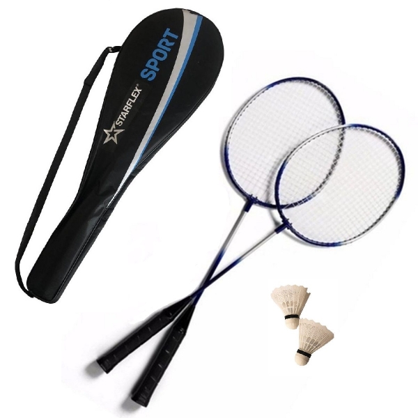 Kit Badminton Starflex 2 Raquetes e 2 Petecas com Raqueteira - Azul