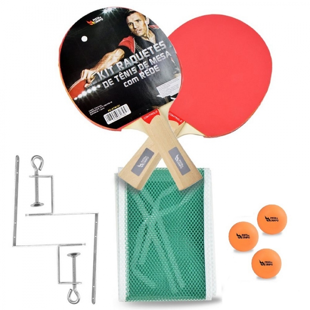 Kit Tênis de Mesa Pista e Campo Controle com Rede, 2 Raquetes e 3 bolinhas - Vermelho