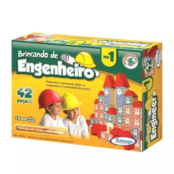 Brincando de Engenheiro em Madeira Xalingo com 42 Peças - Marrom