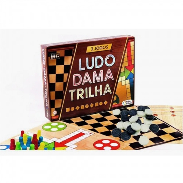 3 Jogos Ludo Dama e Trilha - Pais & Filhos - Marrom