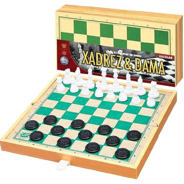 Jogo de Xadrez e Dama Escolar - Pais & Filhos -  Branco/Verde
