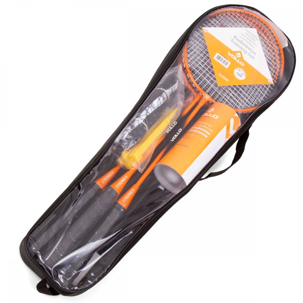 Kit Badminton Vollo 4 Raquetes 3 petecas com Rede e Suporte - Laranja