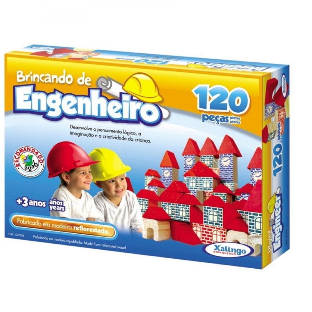 Brincando de Engenheiro em Madeira Reflorestada Xalingo com 120 Peças - Marrom/Branco