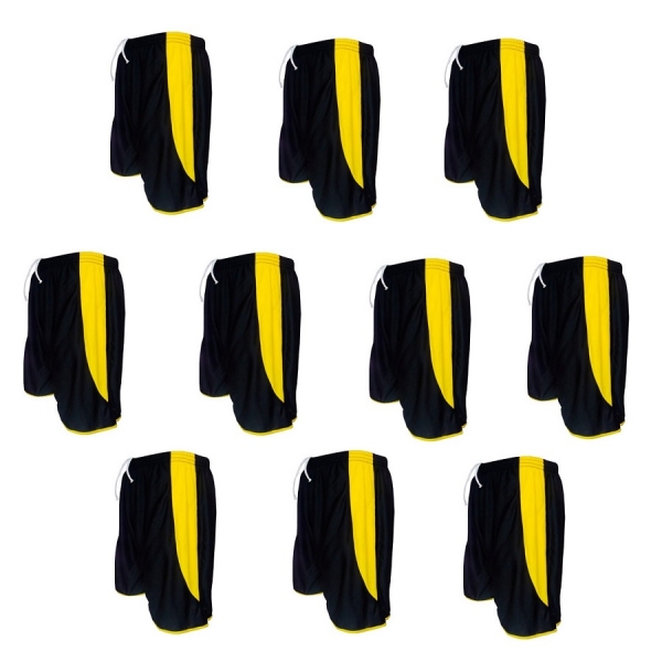 Kit 10 Calções Esportivos Play Fair Modelo Copa - Preto/Amarelo